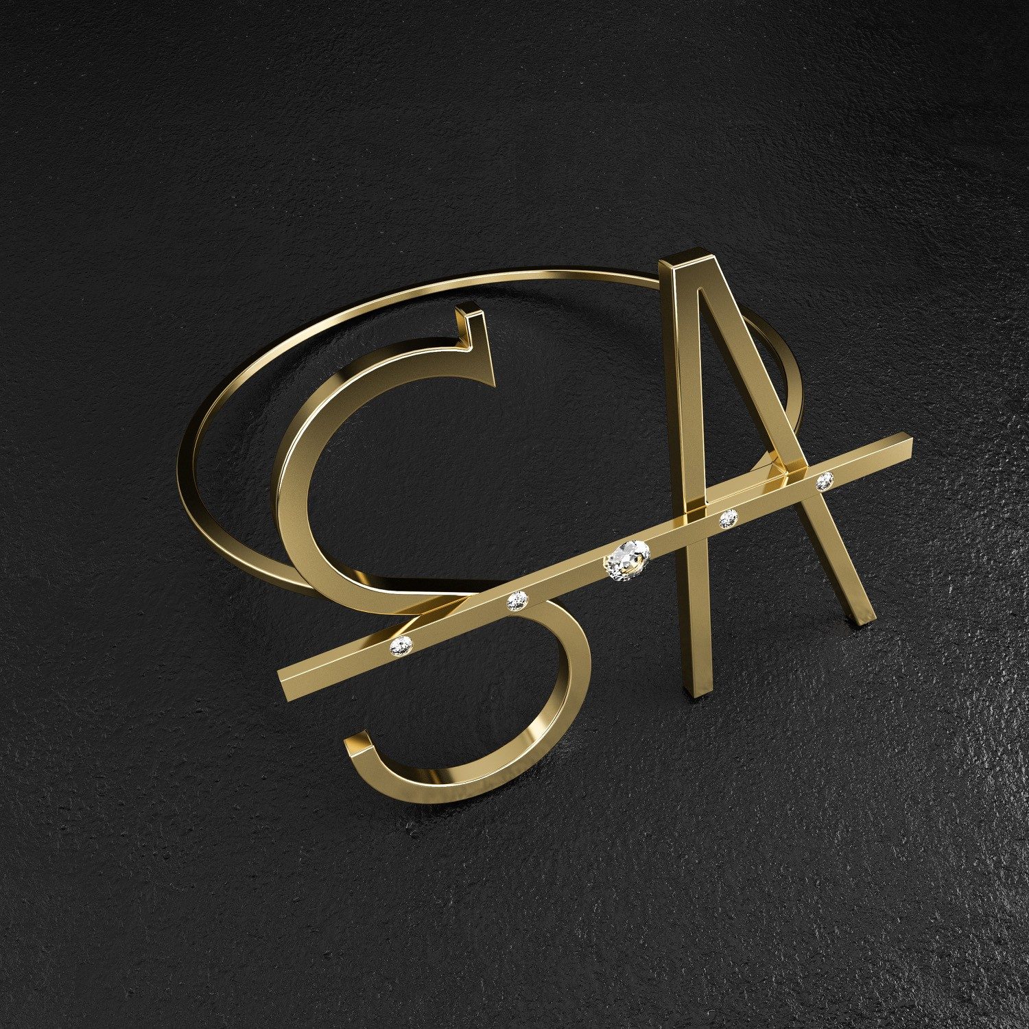 Render della soluzione B in oro giallo: una barra con piccoli brillanti attraversa la S e la A