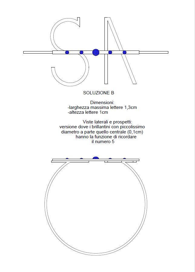 Tavola della soluzione B: prospetto delle lettere con la barra e i brillanti, vista dell'anello