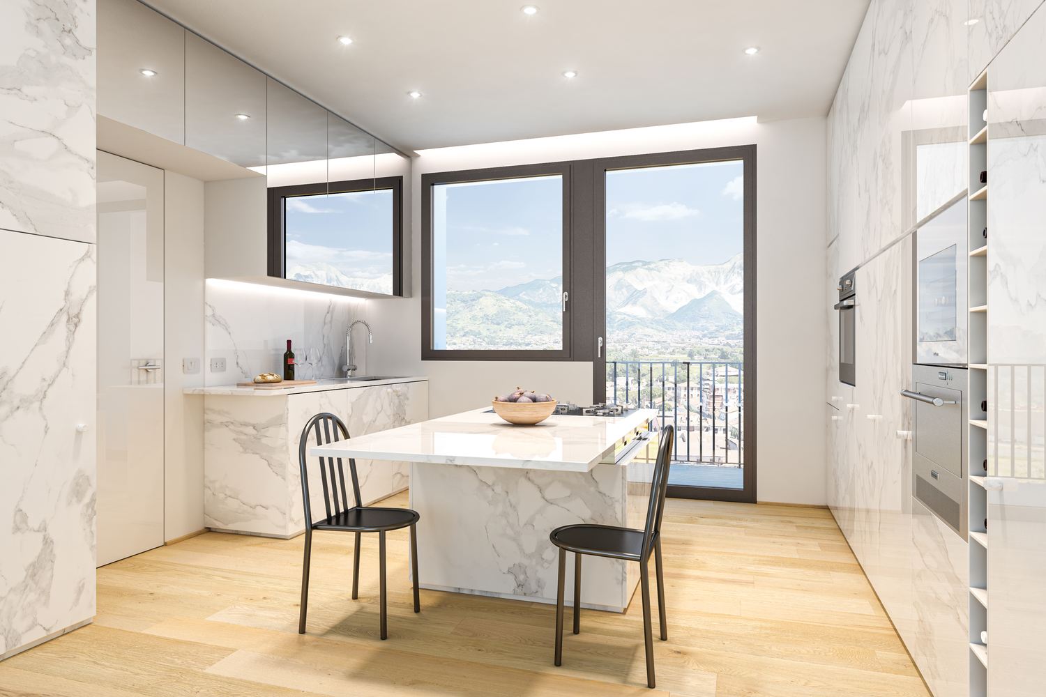 Render della prima proposta: cucina tutta in marmo bianco venato con l'isola e la vetrata sulle montagne