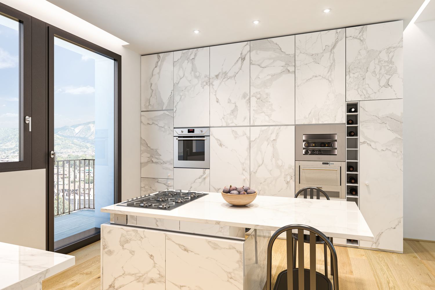 Render della cucina in marmo verso la parete attrezzata con forno e cantinetta, e la finestra sulle Apuane