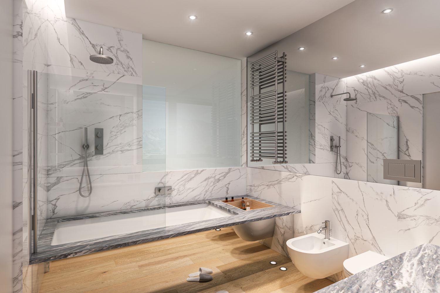 Render del bagno: vasca incassata, doccia a filo con vetro, rivestimento in Carrara, bordo della vasca in Bardiglio e scaldasalviette
