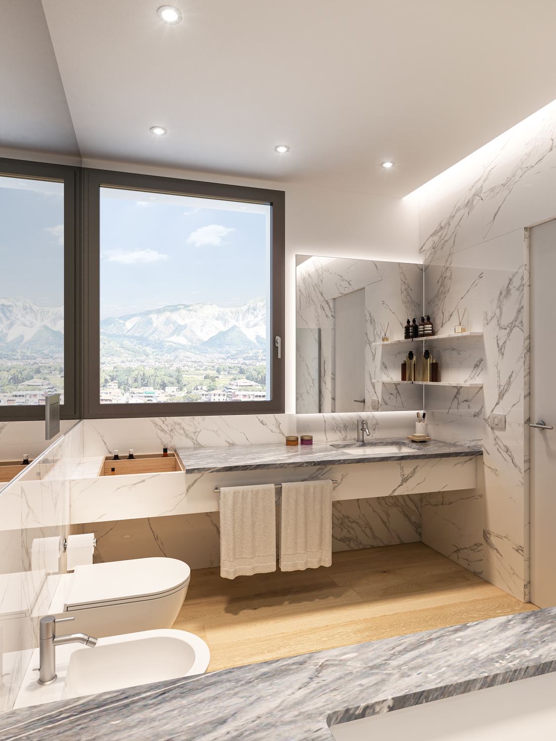 Render del secondo bagno: lavabo sospeso sotto la finestra, specchio a tutta larghezza e mensola