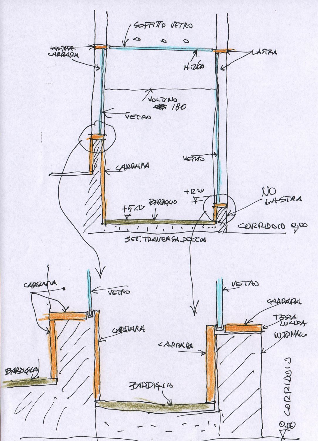 Schizzo a mano della doccia in pianta e sezione, con vetro, soffitto e rivestimento