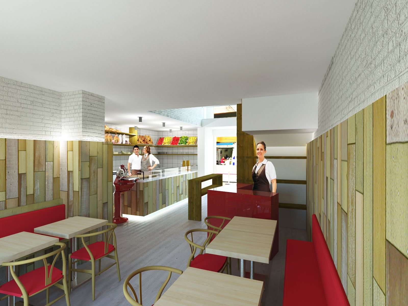 Render della sala principale: il rivestimento in tavole di legno chiaro, le panche rosse, i tavoli e il bancone in fondo