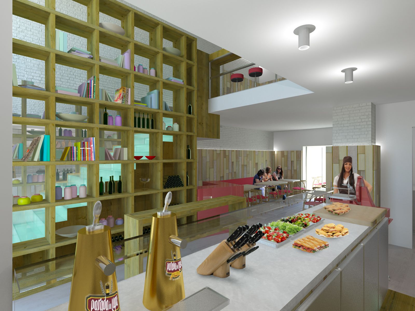 Render del bancone con la scaffalatura a caselle alle spalle, i prodotti in vista e la sala sul fondo