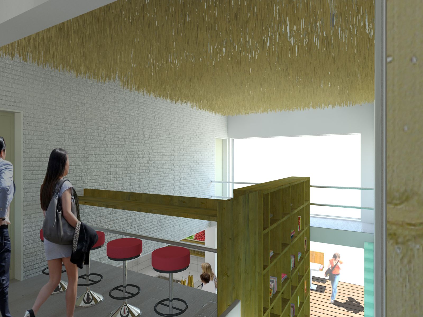 Render della saletta soppalcata: il soffitto &egrave; una tenda fitta di fili dorati appesi, gli sgabelli al parapetto e la finestra sulla strada