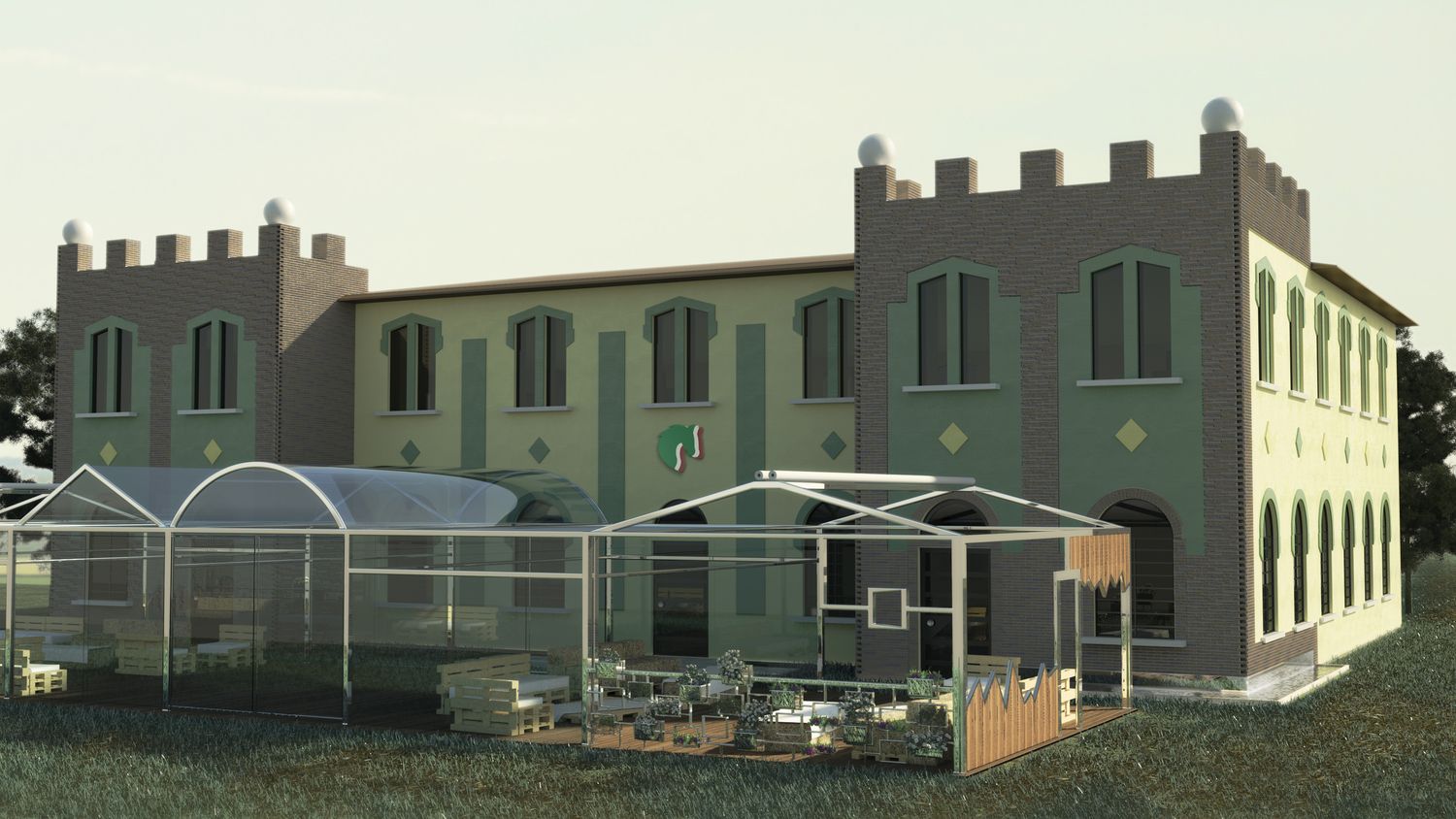 Render del casolare ristrutturato: l'edificio lungo con la merlatura, e davanti la veranda vetrata con i tavoli