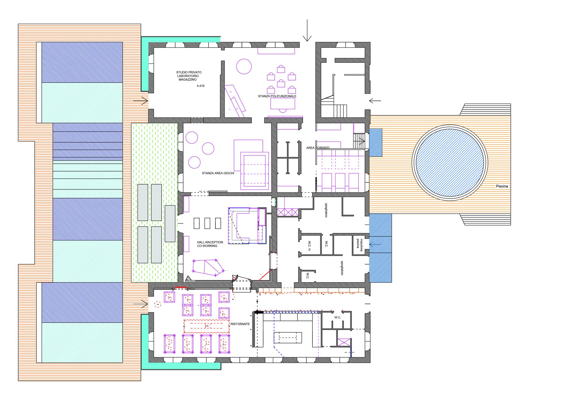 Planimetria di progetto colorata: il ristorante, la hall, i servizi, la veranda vetrata e la piscina
