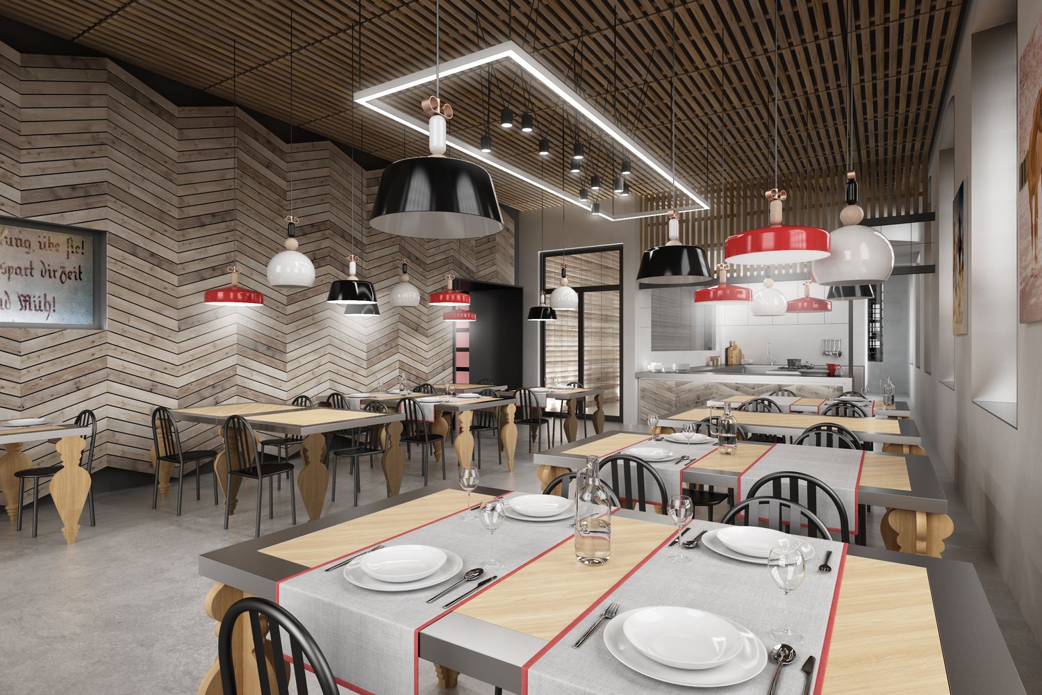 Render del ristorante: tavoli in fila, soffitto in listelli di legno con luce lineare, lampade nere e rosse