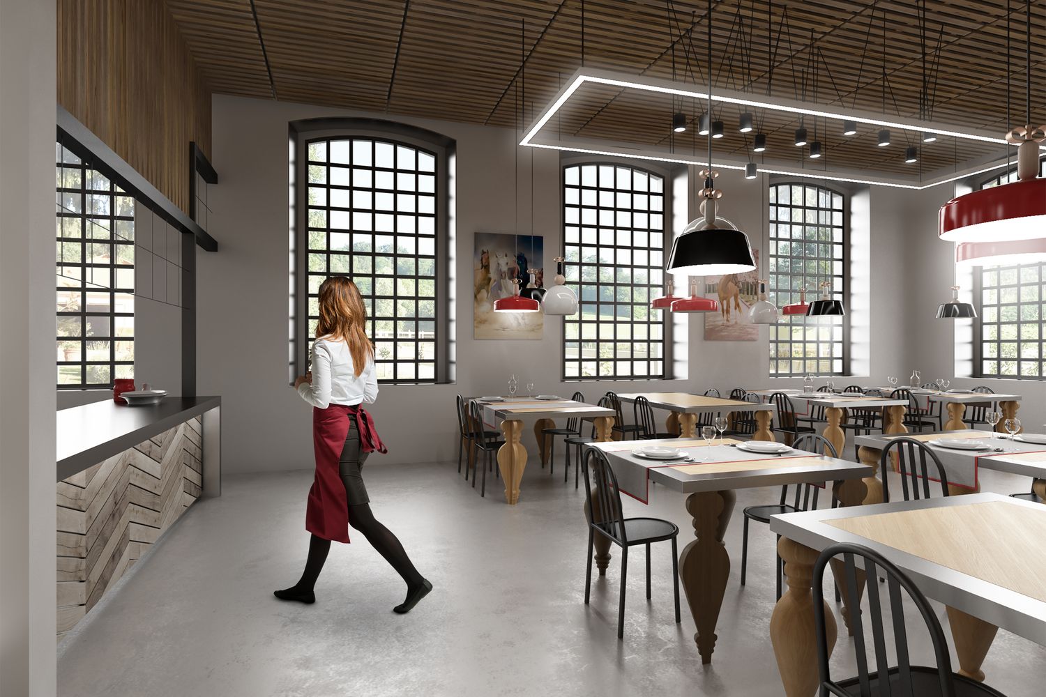 Render del ristorante verso i finestroni in ferro