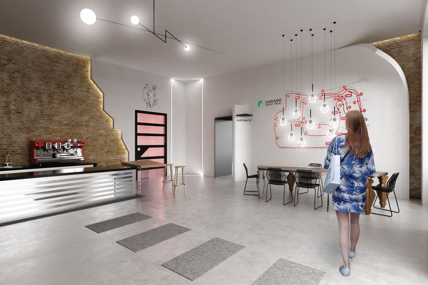 Render della hall: bancone lungo, lampade sospese, il muro in mattone antico lasciato a vista