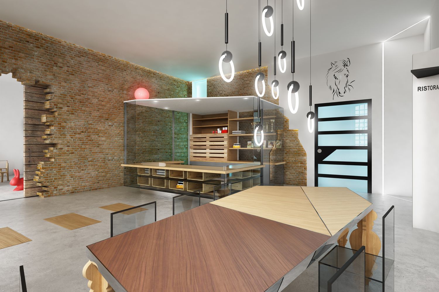 Render della hall: l'innesto in vetro e acciaio dentro il muro antico
