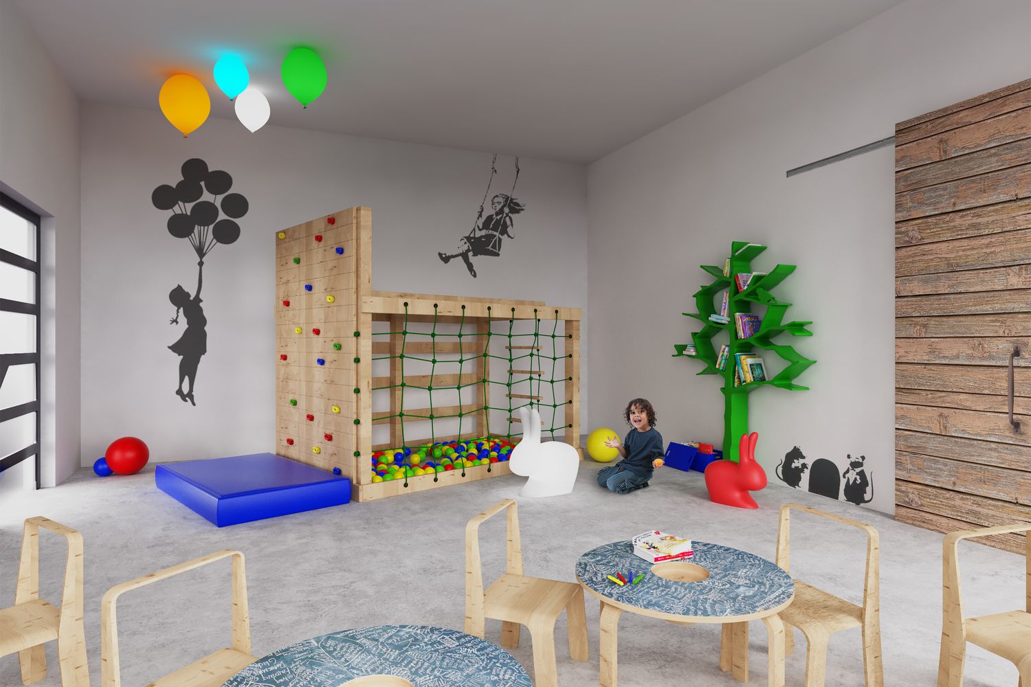 Render della stanza dei giochi: parete d'arrampicata, tappeto e tavolino per i bambini