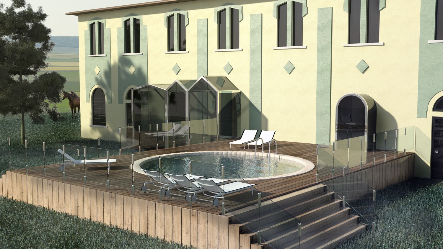 Render della piscina con il deck in legno e i lettini, davanti al casolare