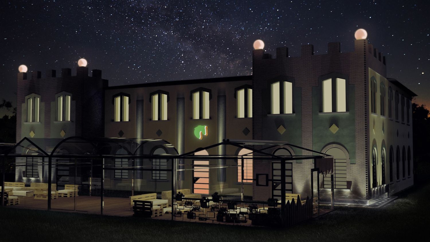 Render notturno: il casolare illuminato con la veranda accesa e il cielo stellato