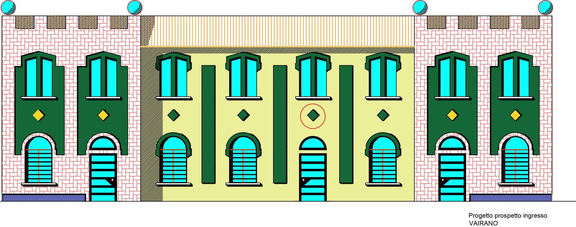 Prospetto d'ingresso a colori: le arcate, le finestre e la merlatura