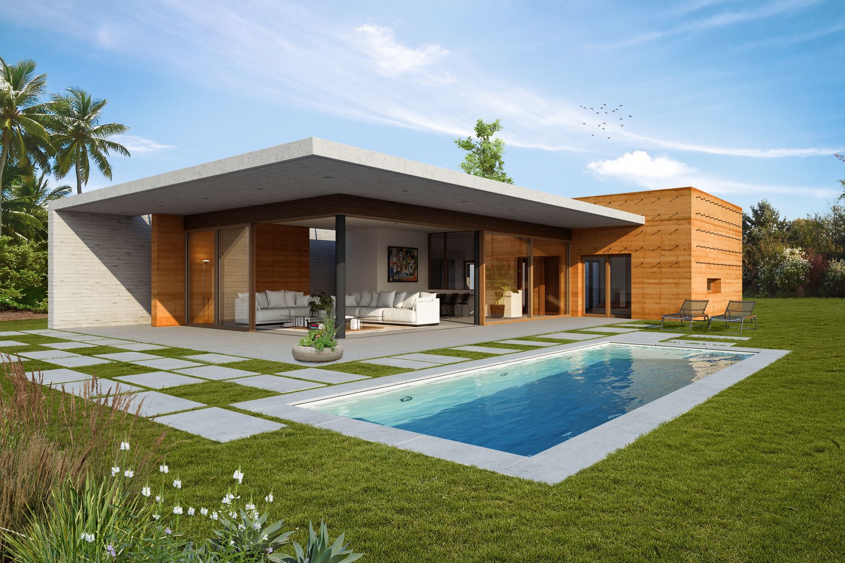 Render della villa di giorno: un padiglione a un piano sotto un'unica lastra di copertura a sbalzo, la piscina lunga davanti e il muro in terra battuta a destra