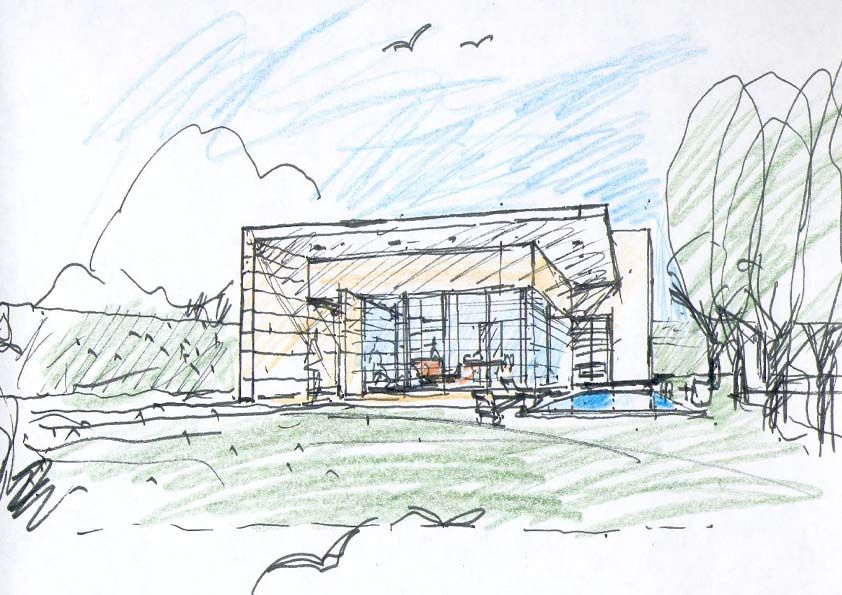 Disegno a matita colorata: la casa vista di fronte, la copertura piatta a sbalzo, la vetrata e la piscina davanti