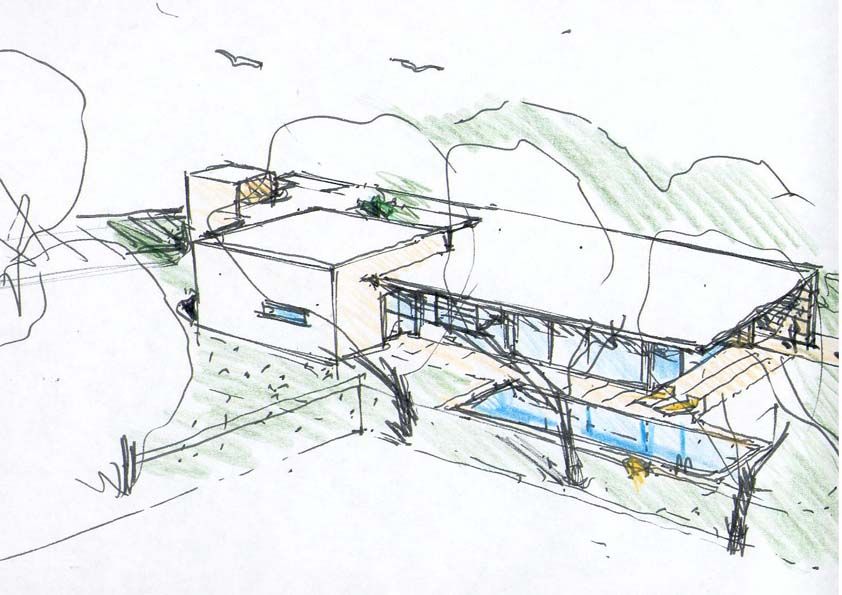 Disegno a matita colorata visto dall'alto: il volume della casa, il tetto piano e la piscina lungo il fianco