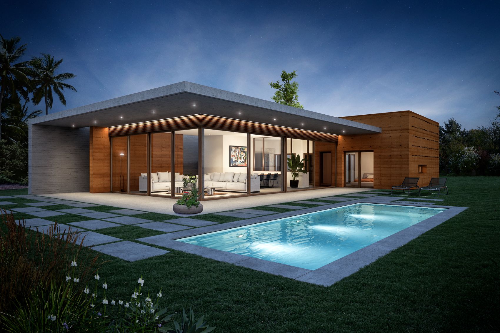 Render notturno: la casa illuminata da dentro sotto la lastra di copertura, la piscina che riflette le luci