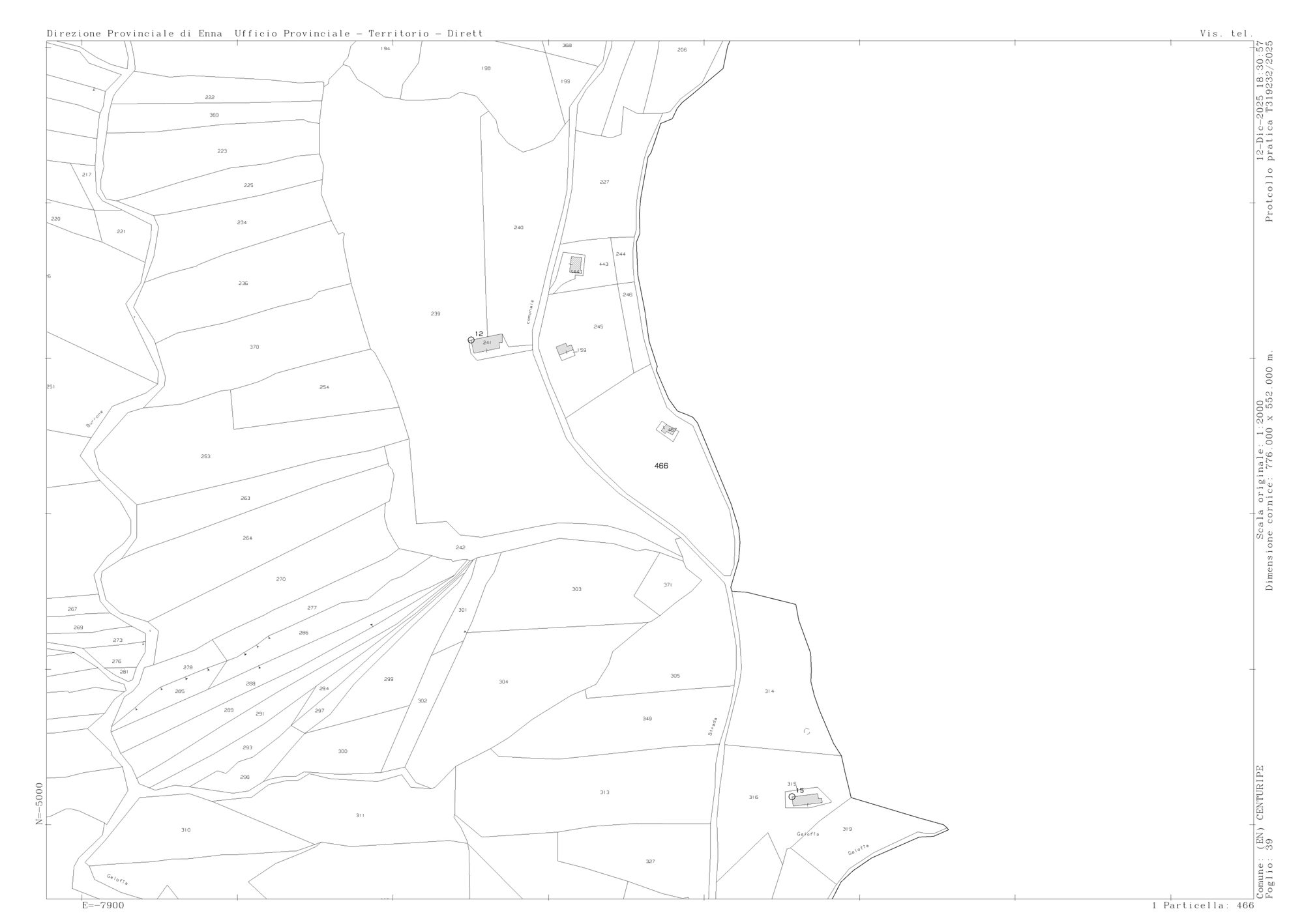 Mappa catastale del foglio 39: le particelle del terreno, la strada e i fabbricati intorno