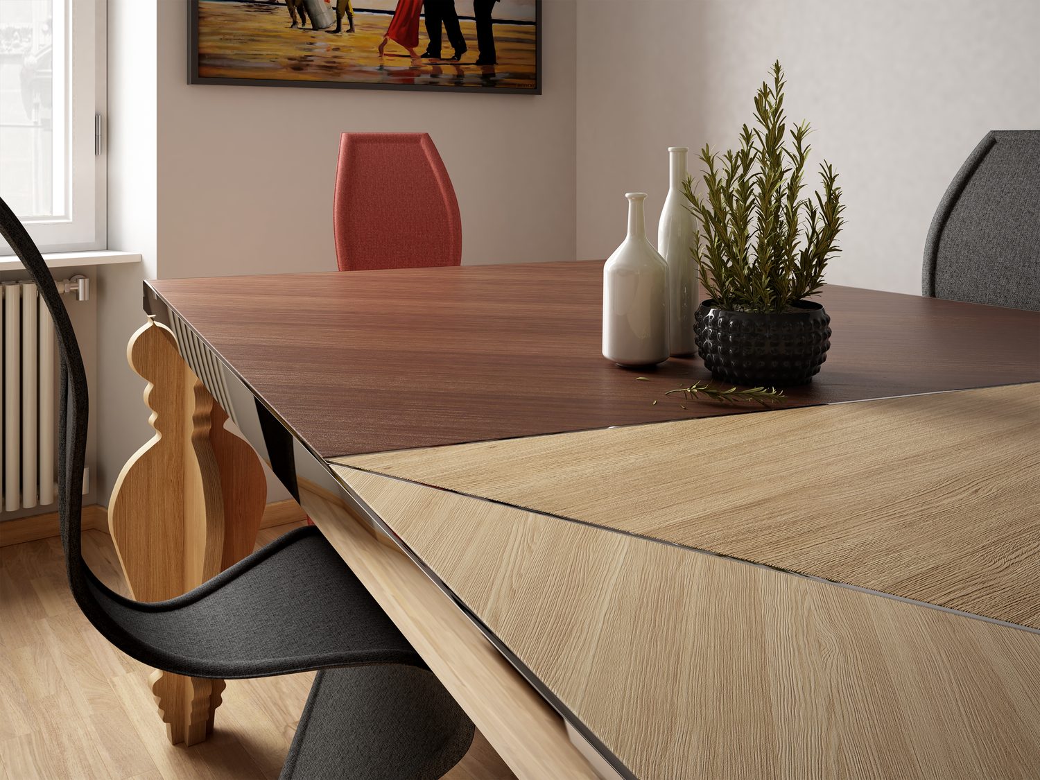 Render di dettaglio: lo spigolo del piano con i legni scuro e chiaro accostati, il bordo in acciaio e la gamba panciuta tagliata a met&agrave;