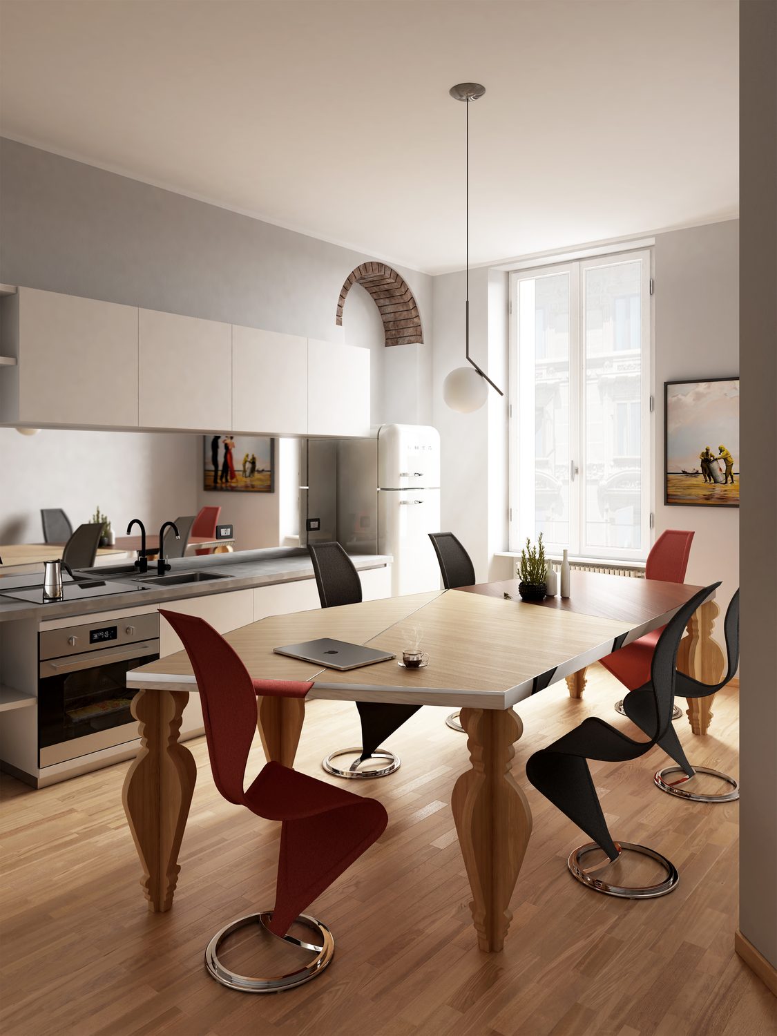 Render del tavolo nella zona pranzo, con sedie rosse e nere a sbalzo