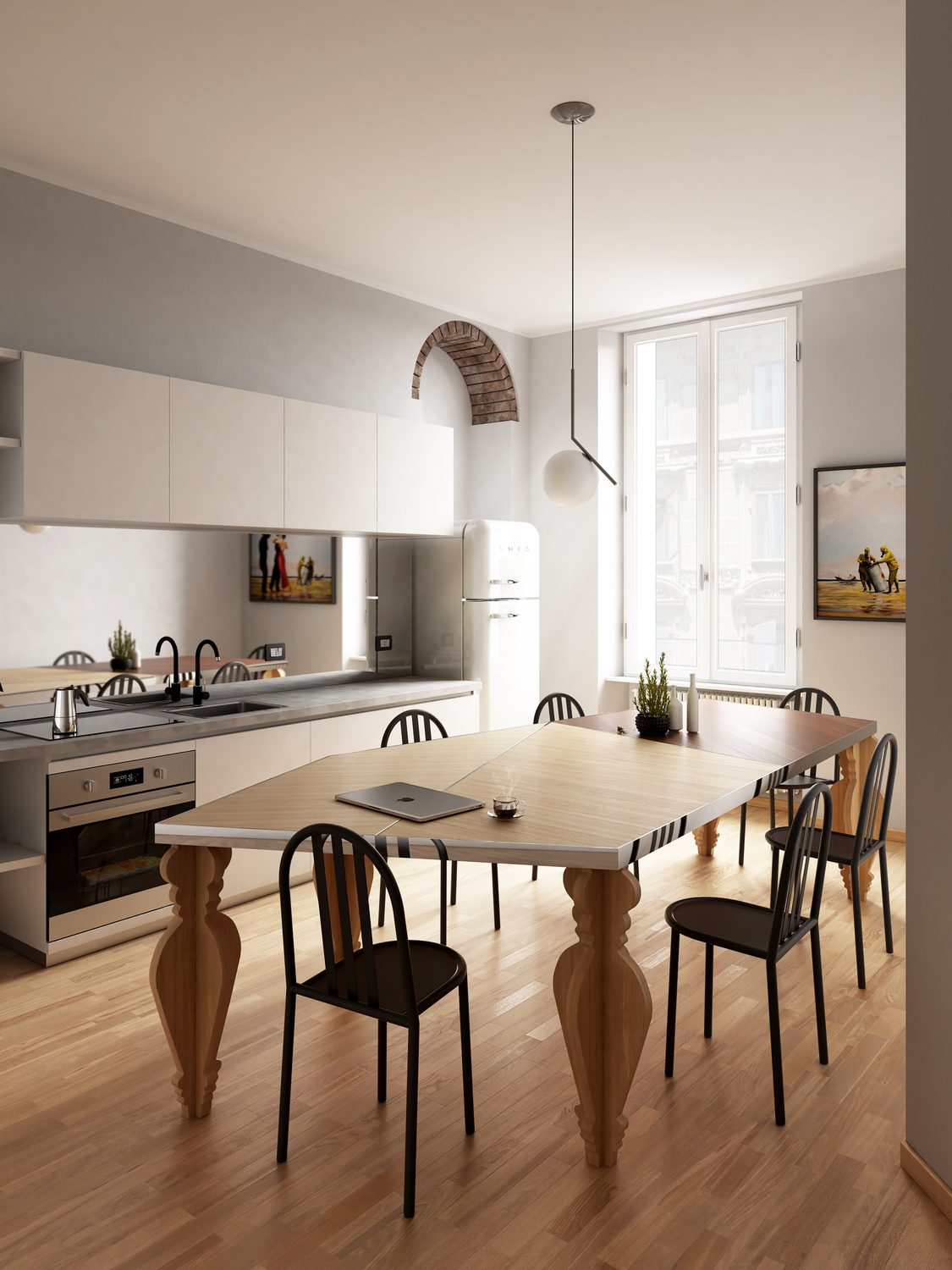 Render del tavolo nella zona pranzo con sedie nere in metallo