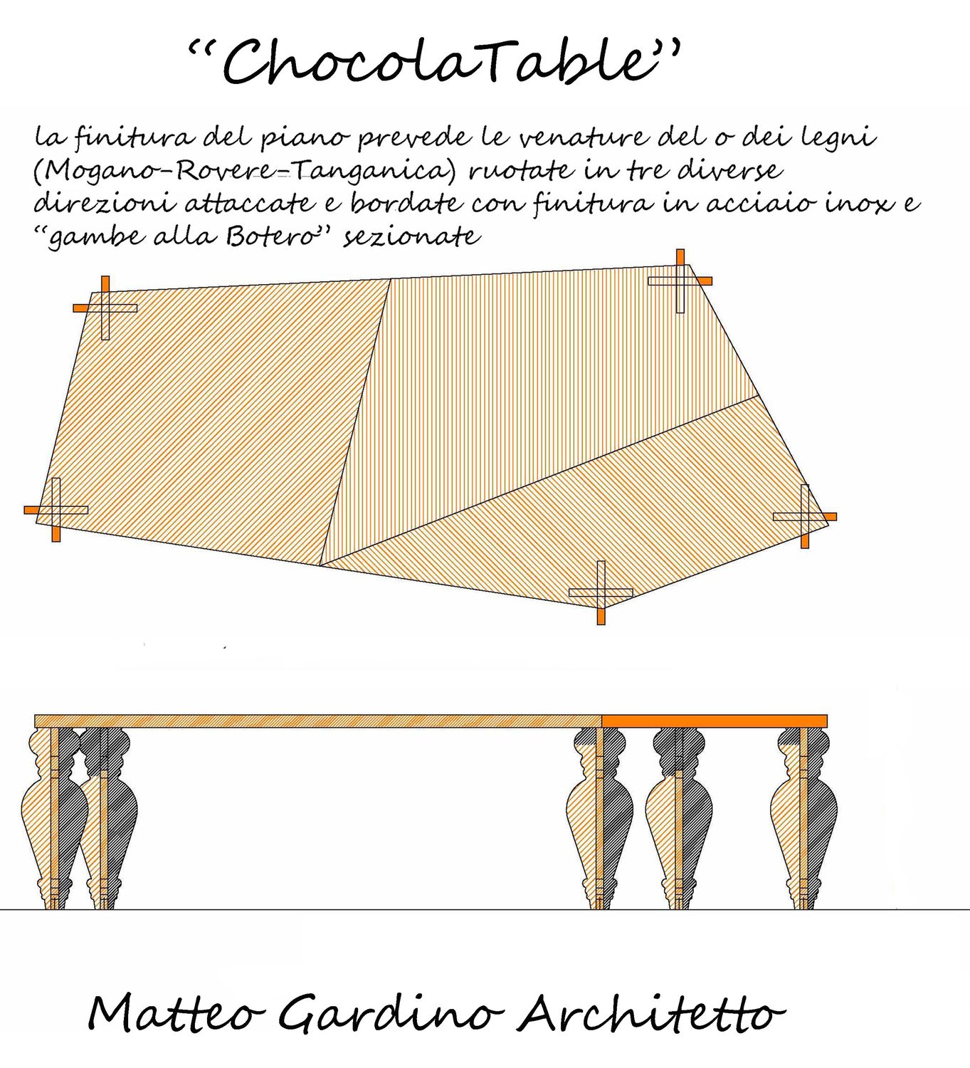 Tavola di presentazione del ChocolaTable: il piano a spicchi in pianta e il prospetto con le gambe