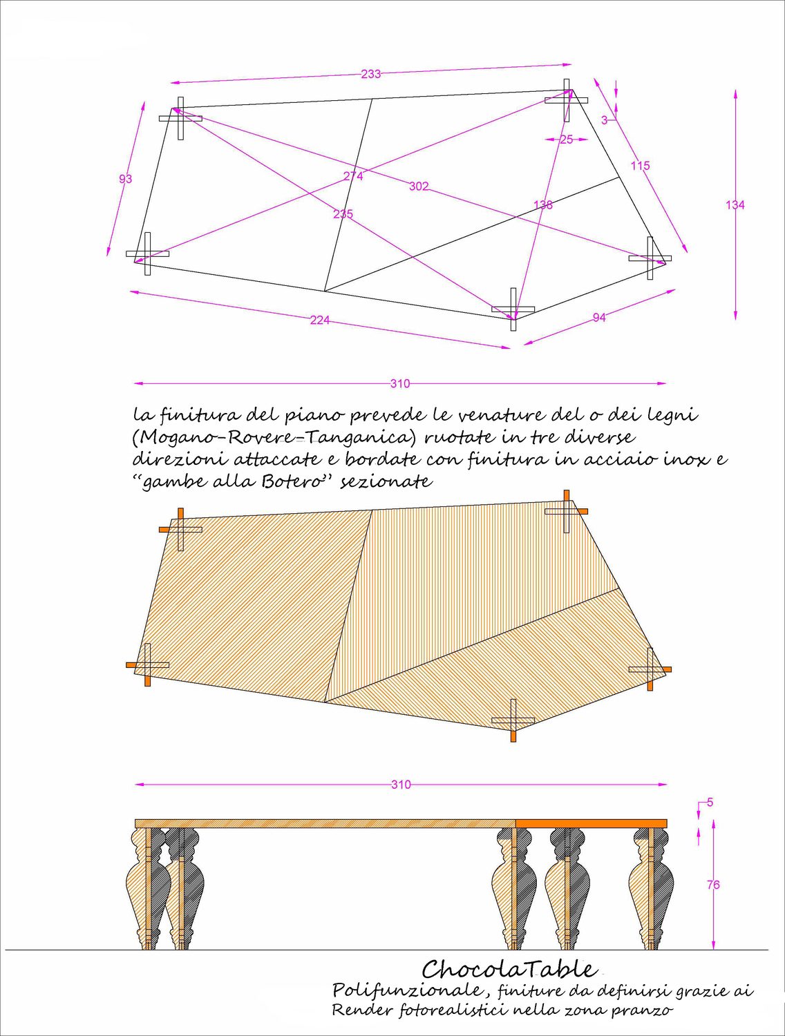 Tavola quotata della versione grande: pianta con diagonali e misure, piano a spicchi colorato e prospetto