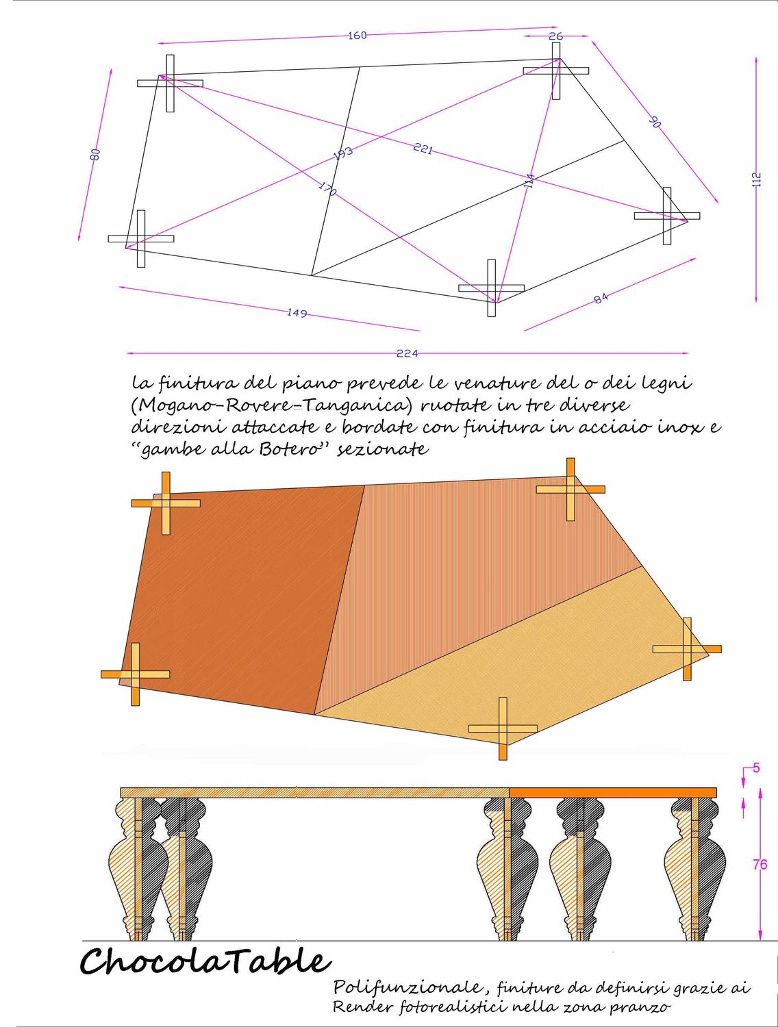 Tavola quotata della versione piccola: pianta con diagonali e misure, piano a spicchi colorato e prospetto