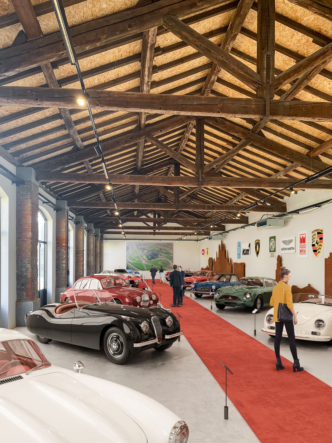 Render della stessa sala allestita con automobili d'epoca in fila e un tappeto rosso al centro