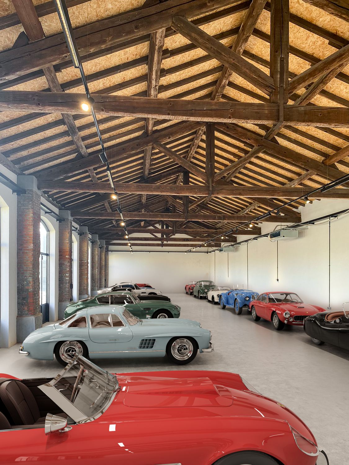 Render della sala con le auto d'epoca parcheggiate lungo i due lati