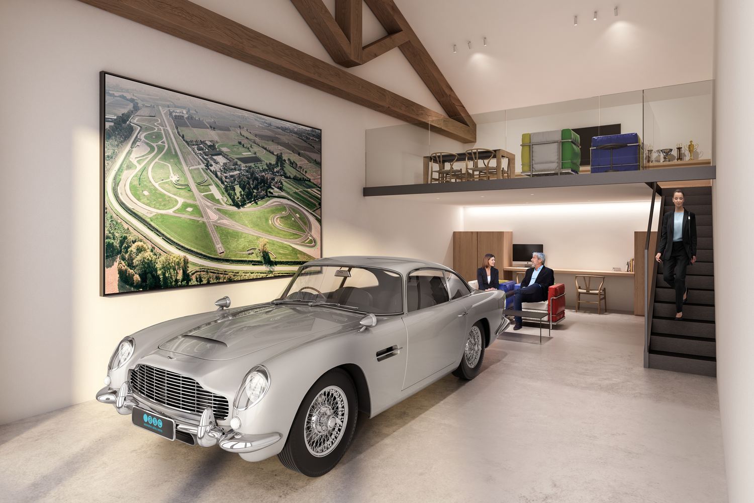Render di un luxury box con un'automobile d'epoca argento, il soppalco e la scala