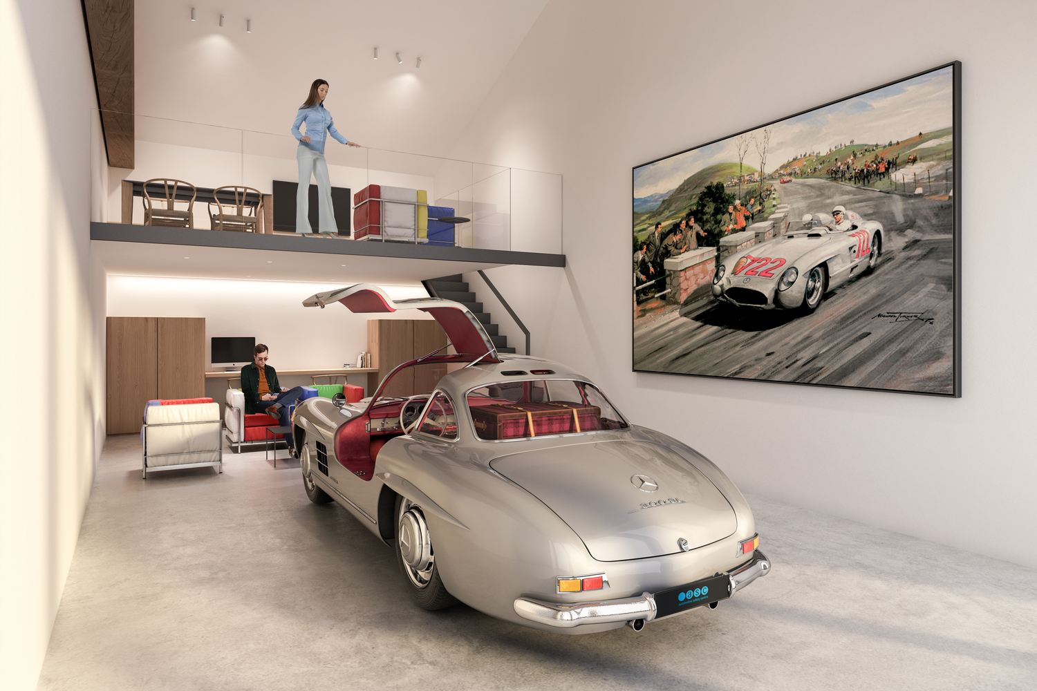 Render di un luxury box: un'automobile d'epoca con le portiere ad ala di gabbiano, il soppalco con il parapetto in vetro e un grande quadro della pista