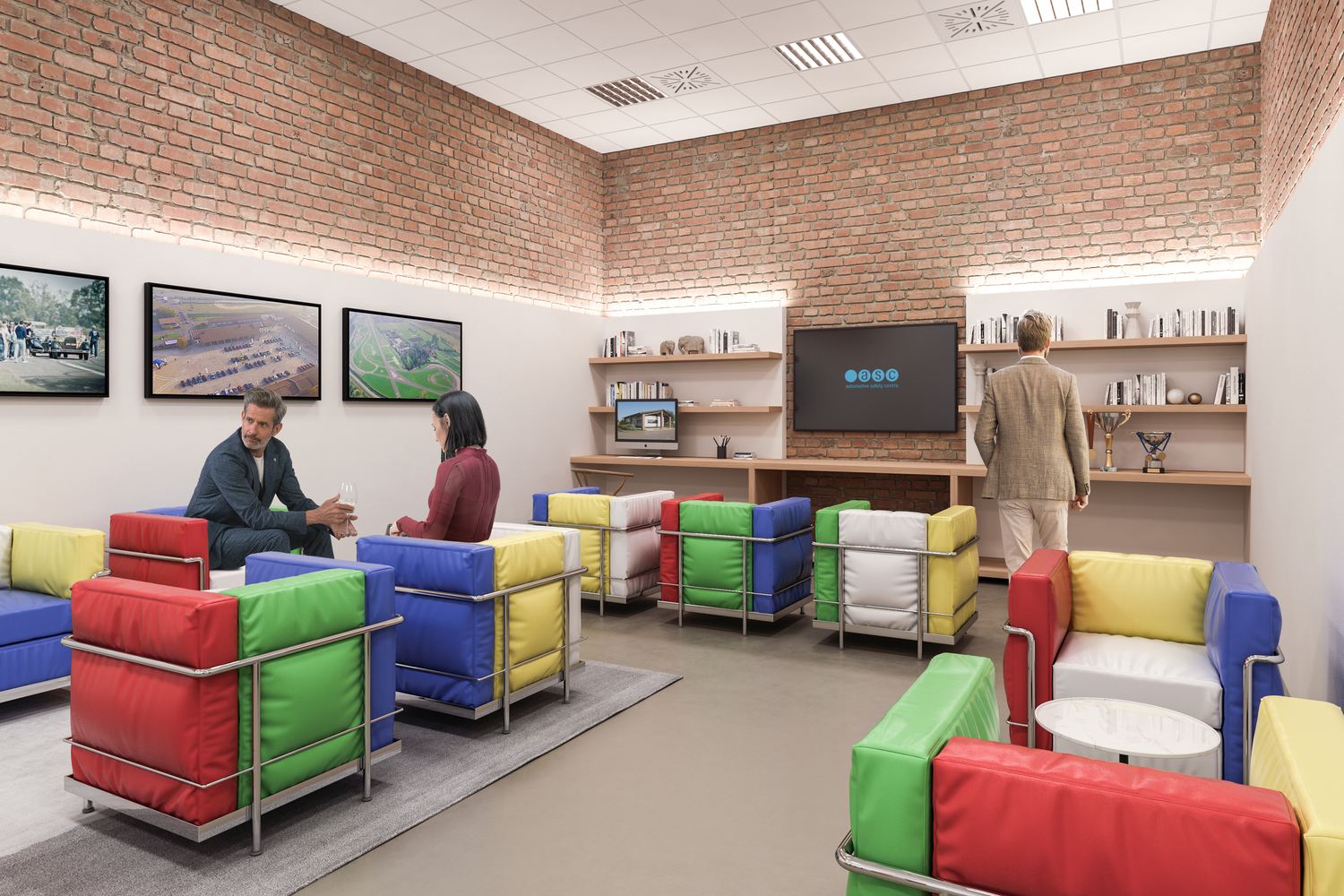 Render della zona salotto della club house con poltrone in colori primari