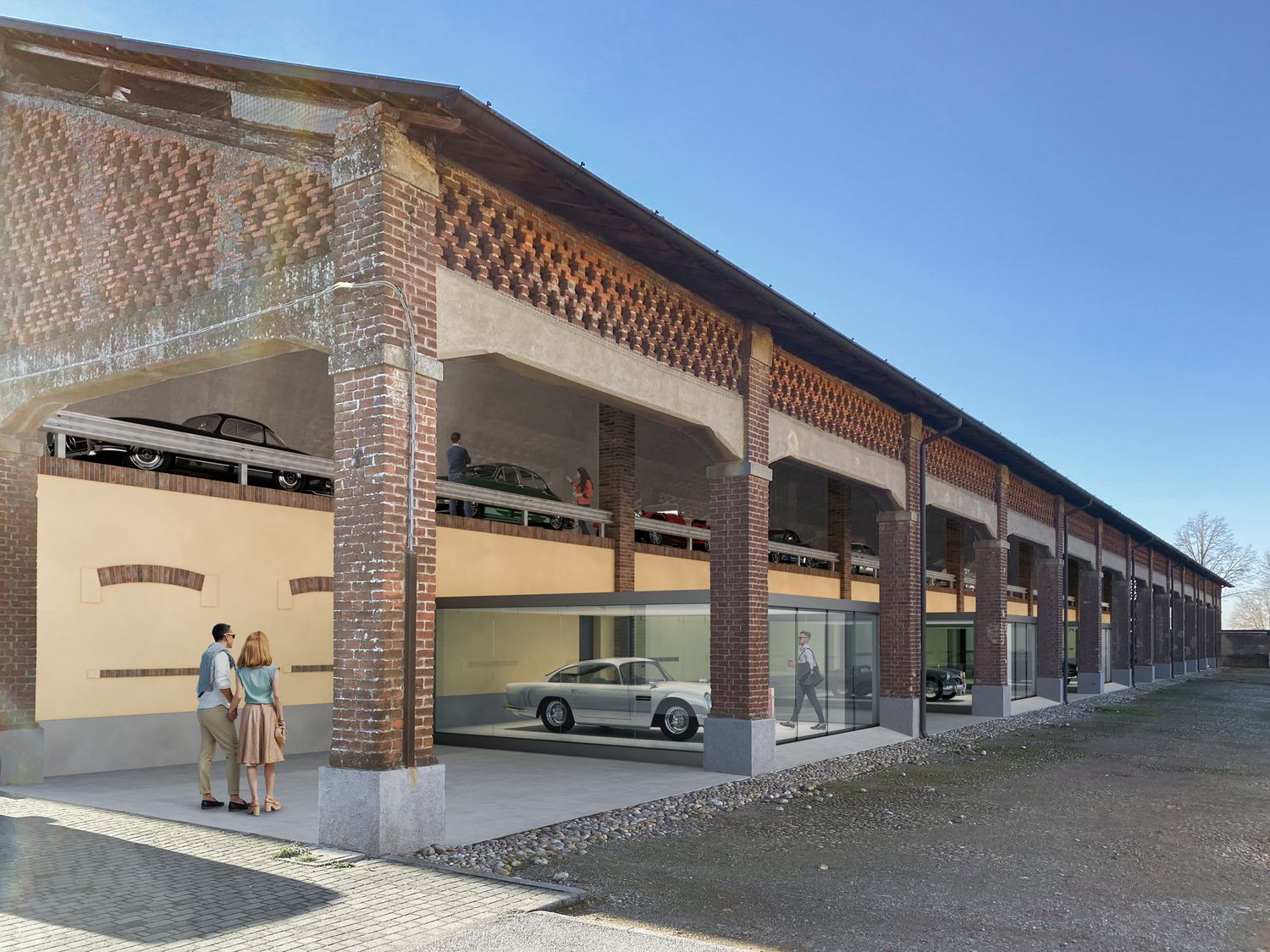 Render della cascina con la loggia a graticcio in mattoni: al piano terra le vetrate con le automobili, sopra le auto nei vani della loggia