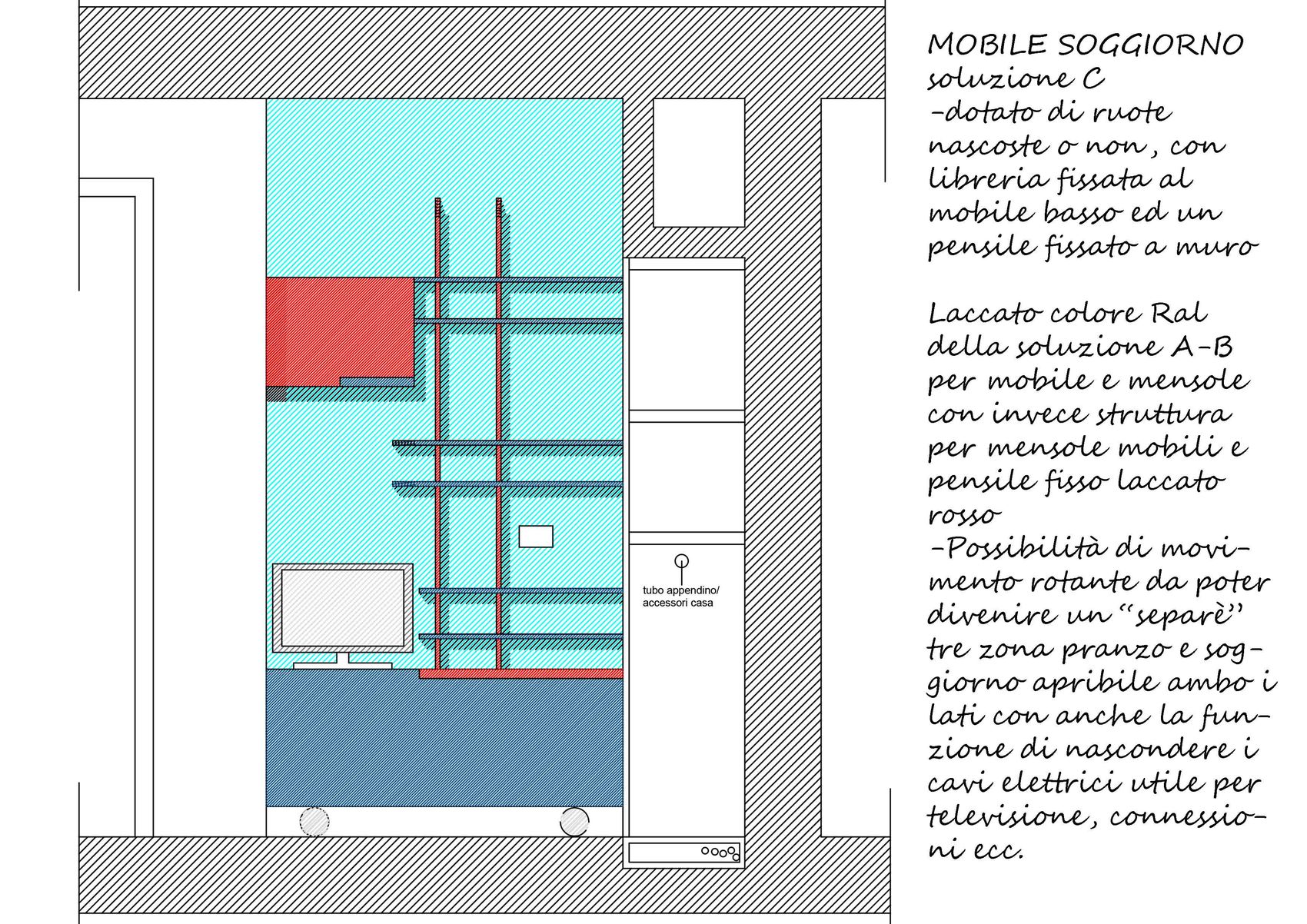 Prospetto a colori del mobile soggiorno, soluzione C: la libreria rossa e blu nella nicchia con il mobile basso e il pensile