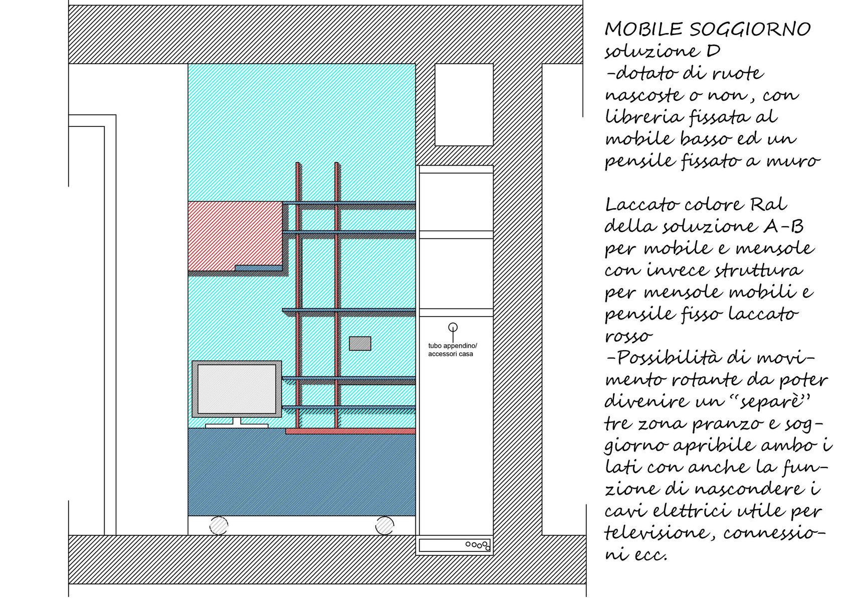 Prospetto a colori del mobile soggiorno, soluzione D: la stessa nicchia con l'aggiunta del mobile specchio