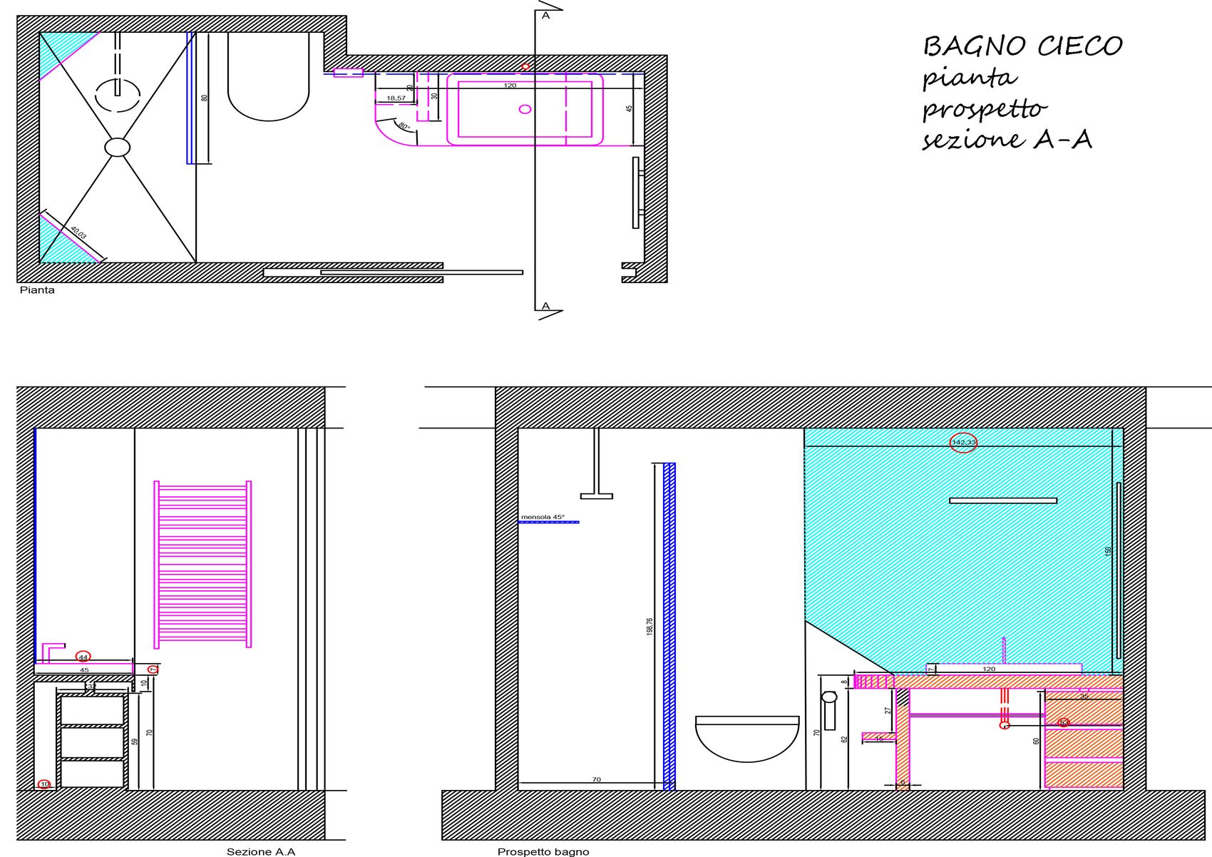 Tavola del bagno cieco: pianta, prospetto e sezione, con il mobile in rovere, il termoarredo e il box doccia in vetro