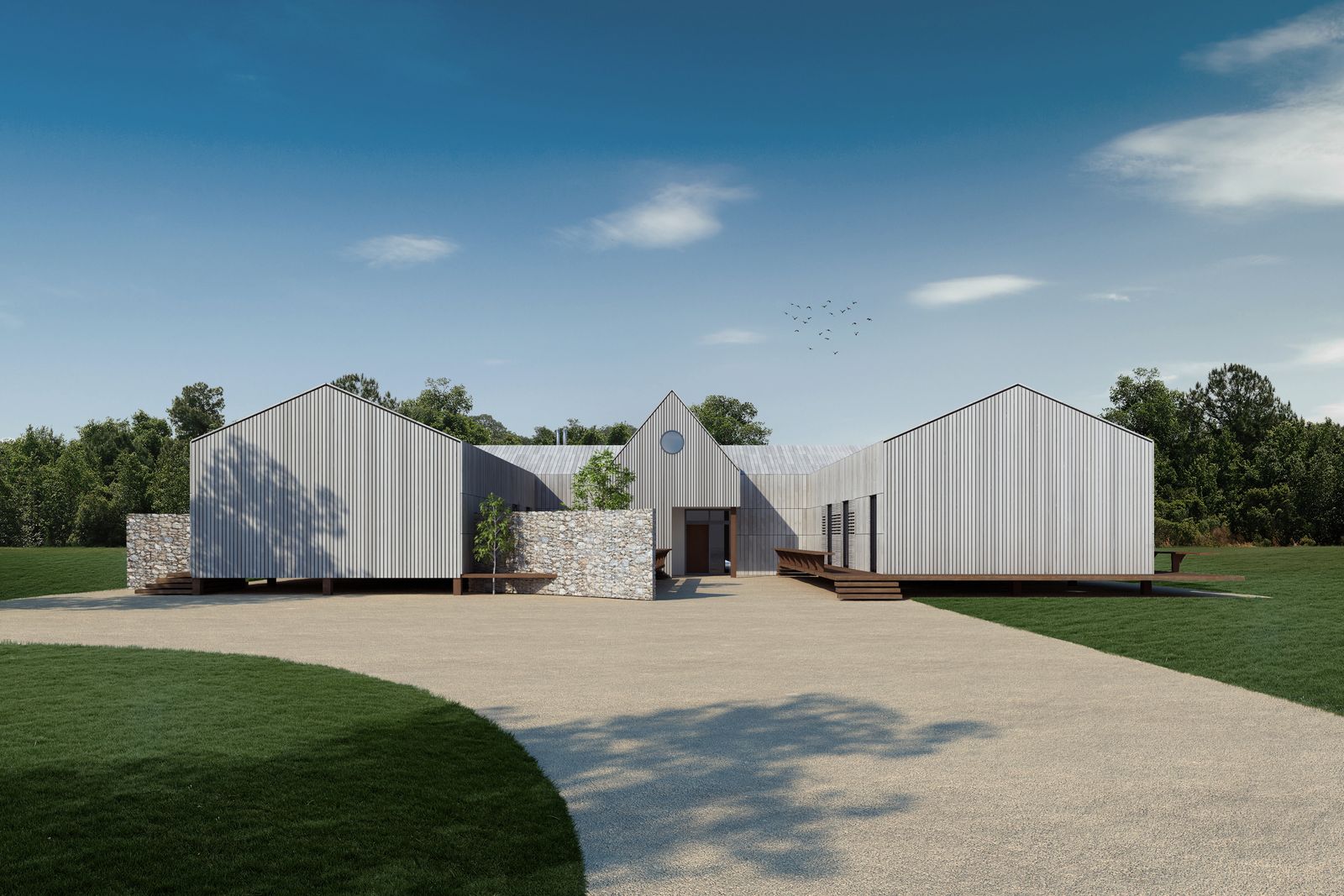 Render di presentazione: la club house bassa, con i tetti a doppia falda e il portico in legno, appoggiata sul prato del centro ippico