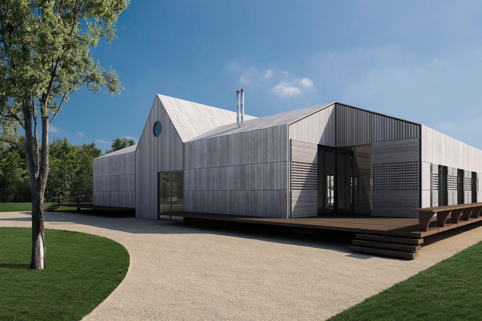 Render di presentazione: la club house vista di scorcio, con il deck rialzato e la scaletta