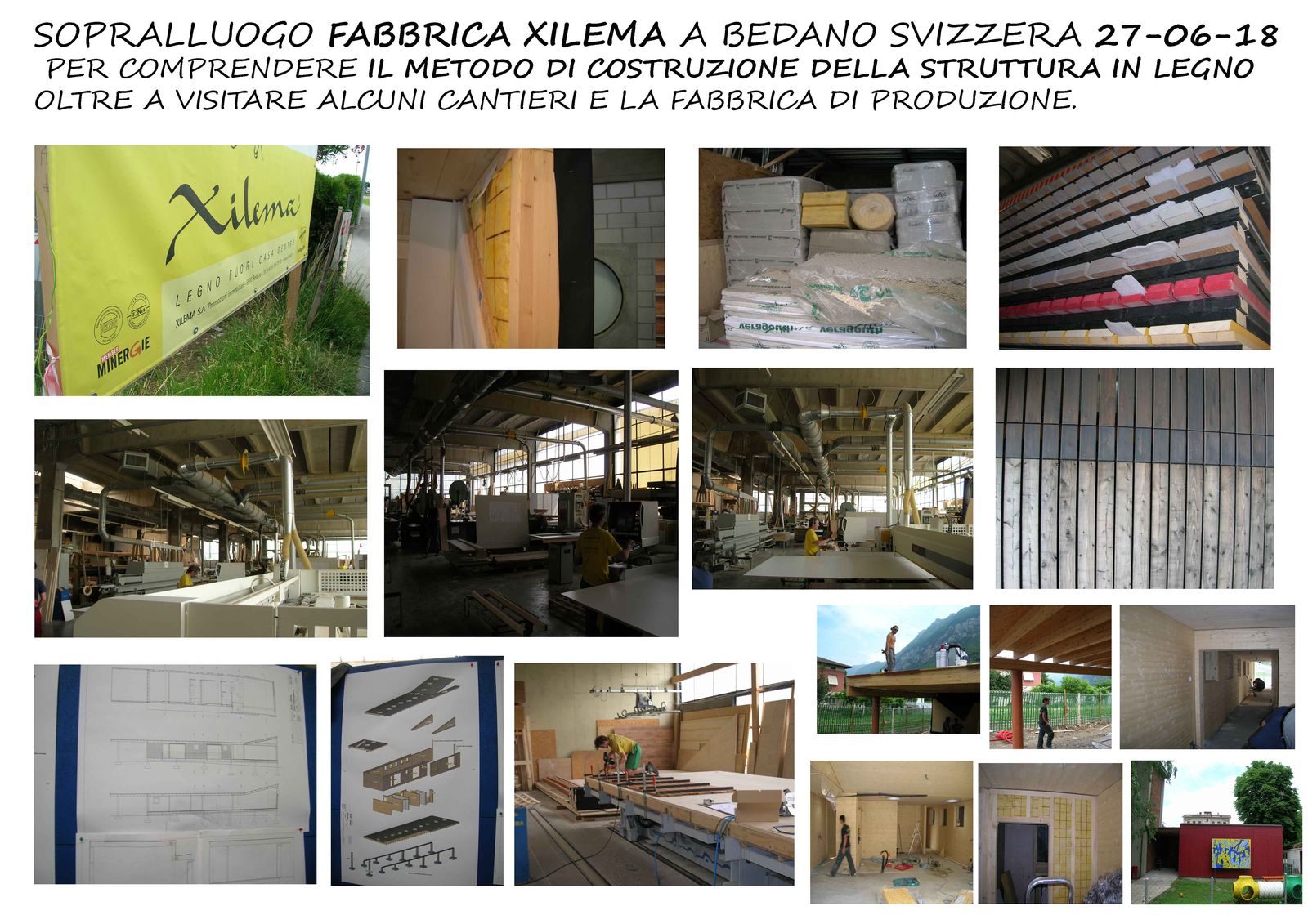 Pagina dell'album con le fotografie del sopralluogo alla fabbrica Xilema: capannone, pannelli in legno accatastati, cantieri
