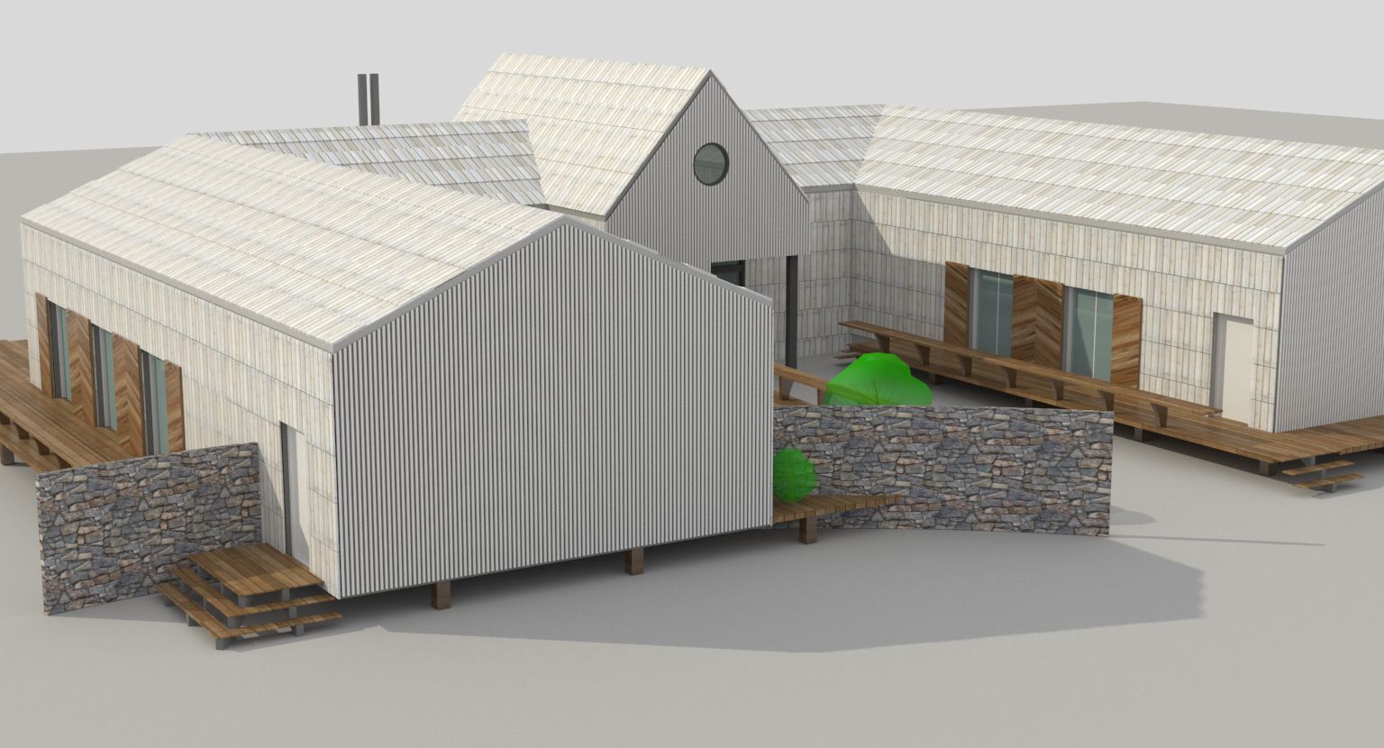 Render di studio con le texture: il rivestimento in legno e le lamiere provate sui volumi