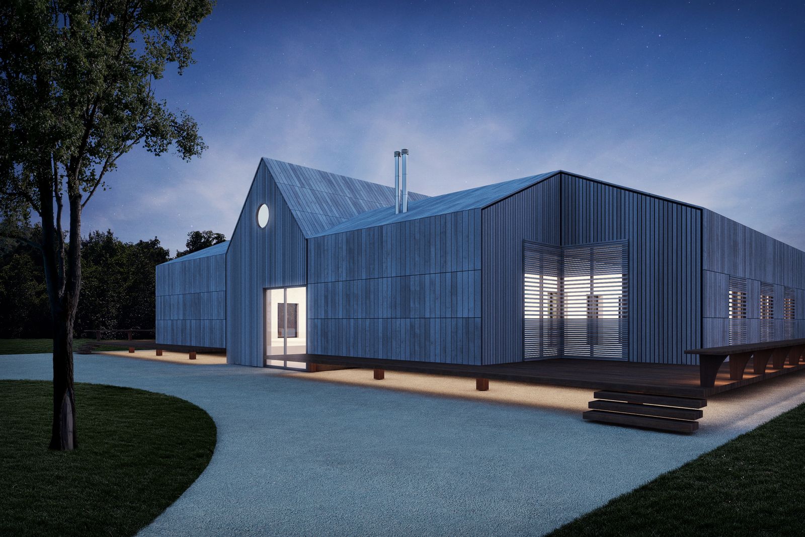 Render notturno: il retro dell'edificio illuminato, con il portico acceso e il prato scuro verso le stalle