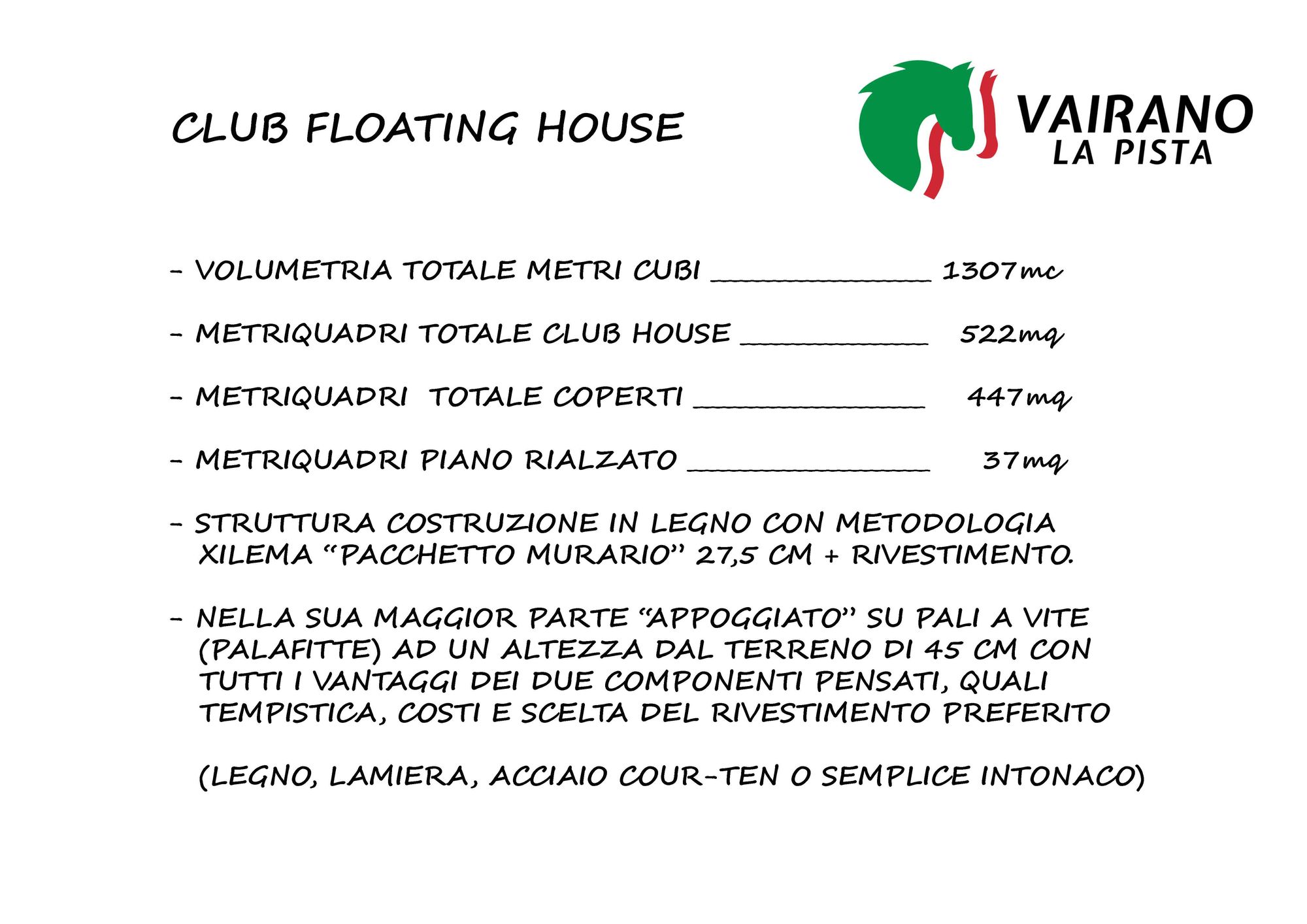 Pagina dell'album con i dati di progetto: volumetria, superfici, struttura Xilema e pali a vite