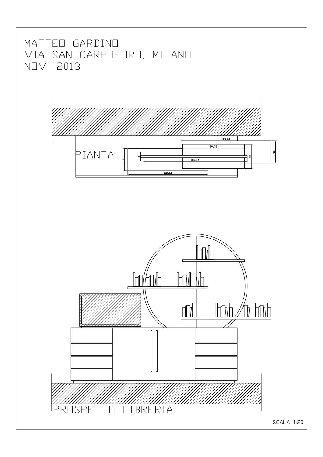 Il disegno quotato della libreria circolare: pianta e prospetto in scala 1:20
