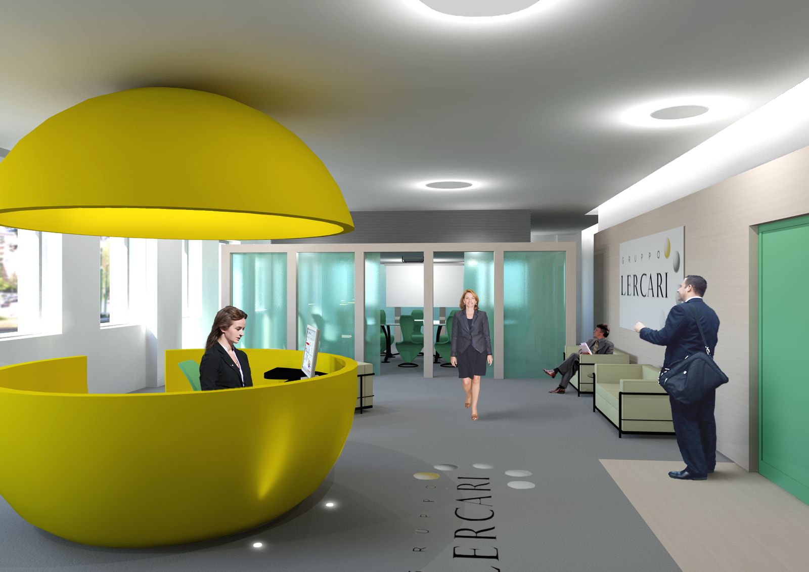 Render della reception: un bancone giallo a forma di mezza sfera, e sopra, appesa al soffitto, l'altra met&agrave; della sfera; in fondo il logo Gruppo Lercari e le scatole vetrate verdi