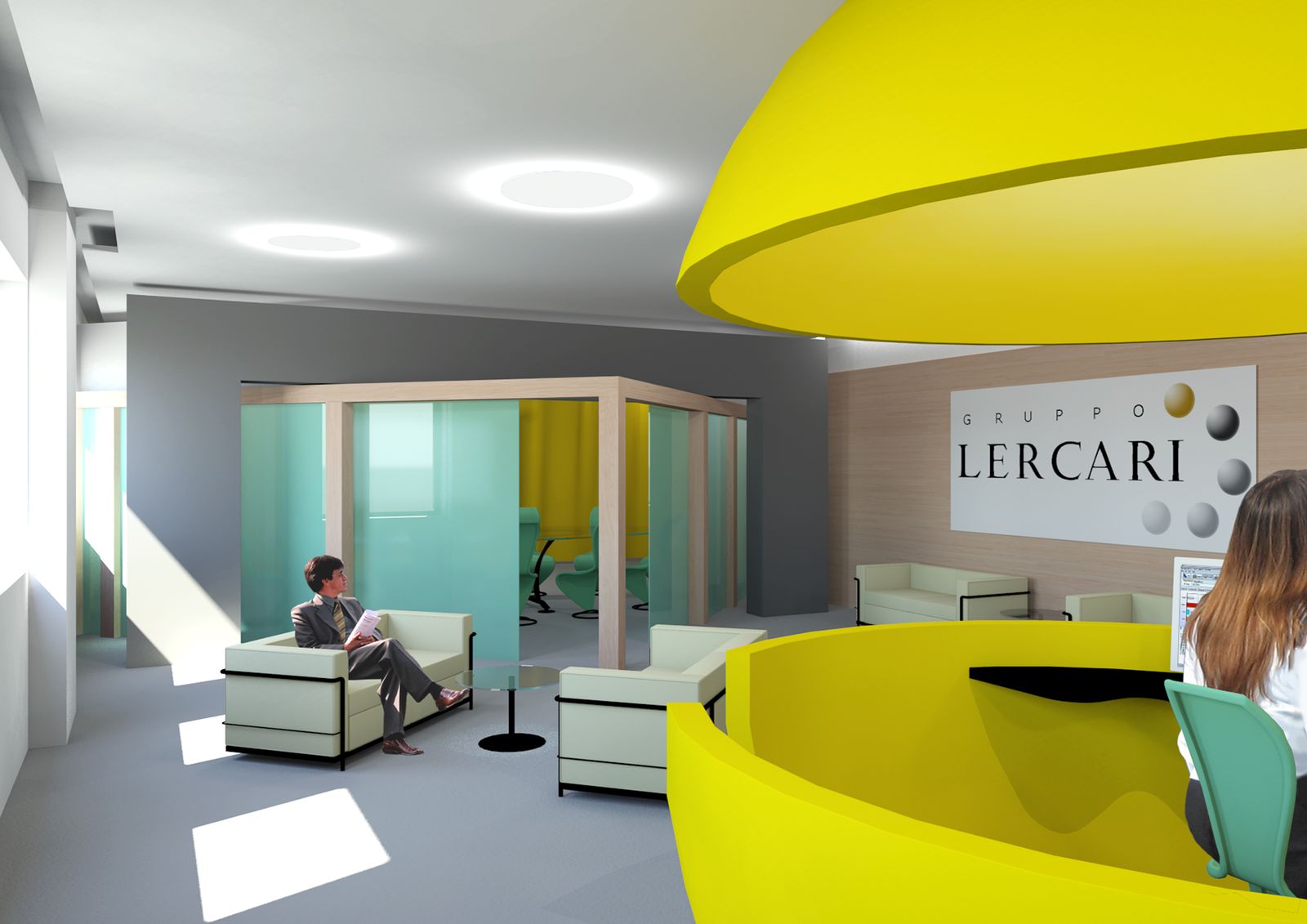 Render della reception vista dalla parte opposta: il bancone giallo in primo piano, il logo Gruppo Lercari sulla parete, le poltrone dell'attesa