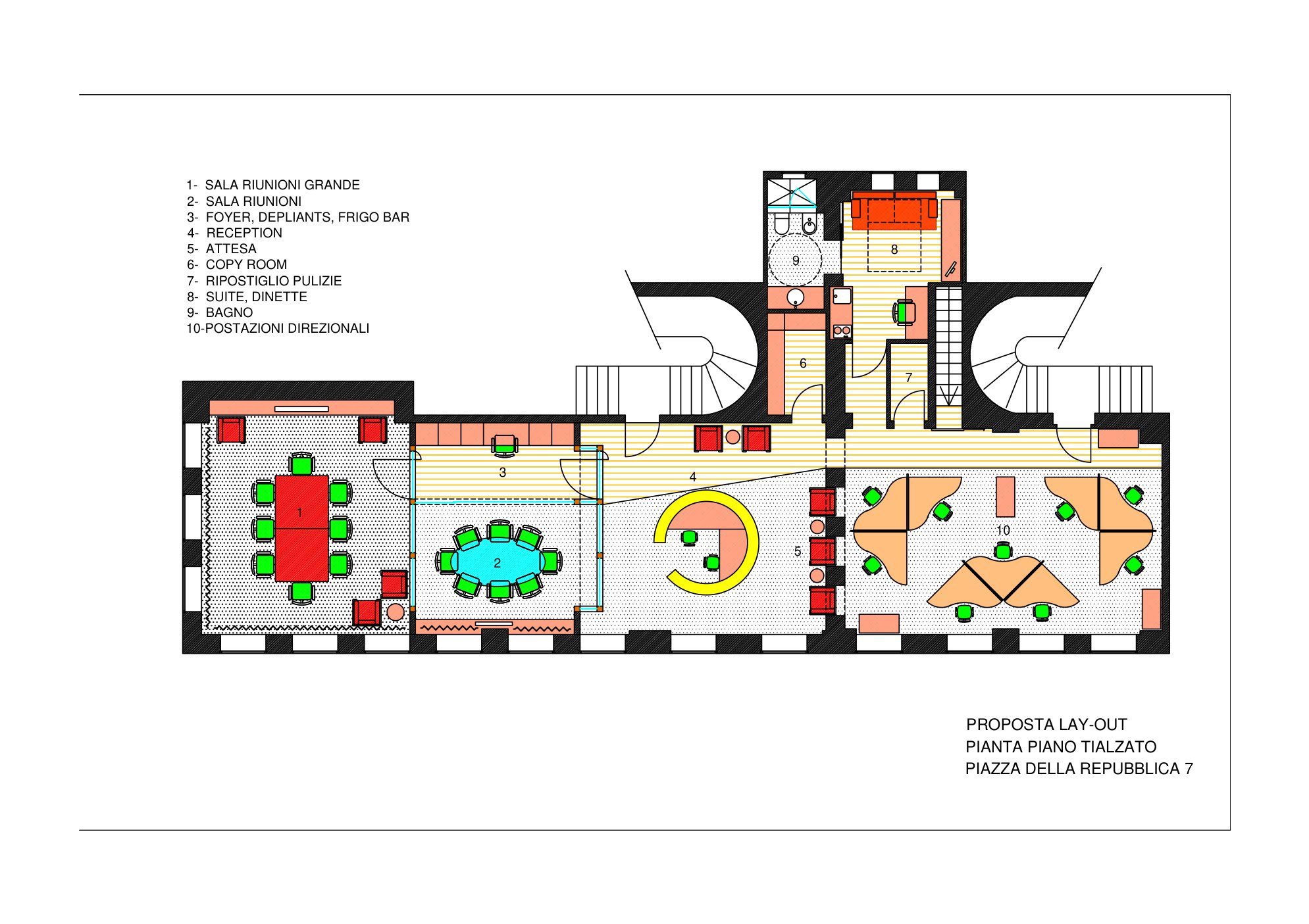 Pianta di progetto del piano rialzato a colori: sala riunioni grande, sala riunioni, foyer, reception, attesa, copy room, suite con dinette, postazioni direzionali